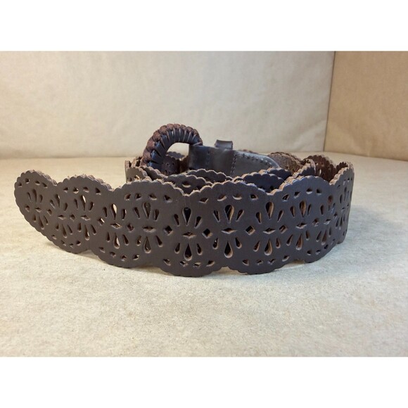 J. Jill Leaf Punch Design Wide Brown Leather Belt Hip or Waist Hippie Boho Sz M main image 2